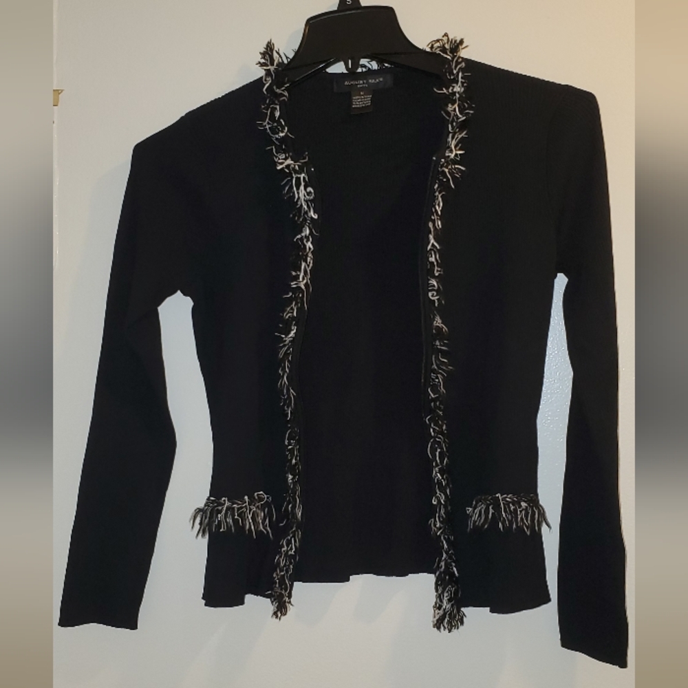 August Silk Womens Zip Up Cardigan Sweater Black Ribbed Knit Fringe Trim M
